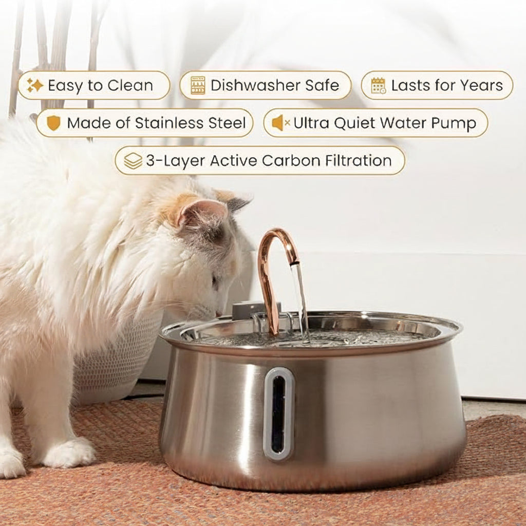 Front view of a stainless steel pet water unit