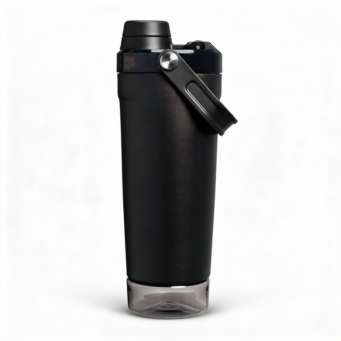 20 oz stainless steel shaker bottle front view with straw lid and storage base