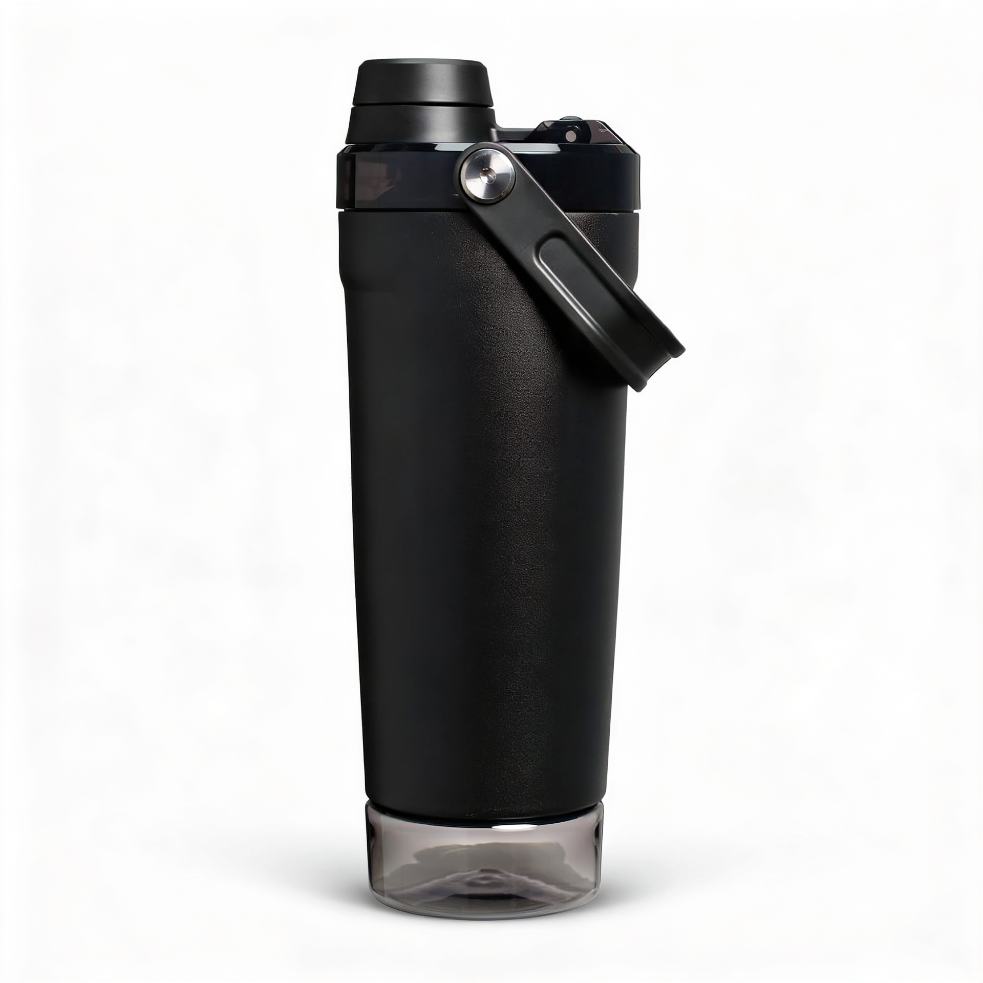 20 oz stainless steel shaker bottle front view with straw lid and storage base