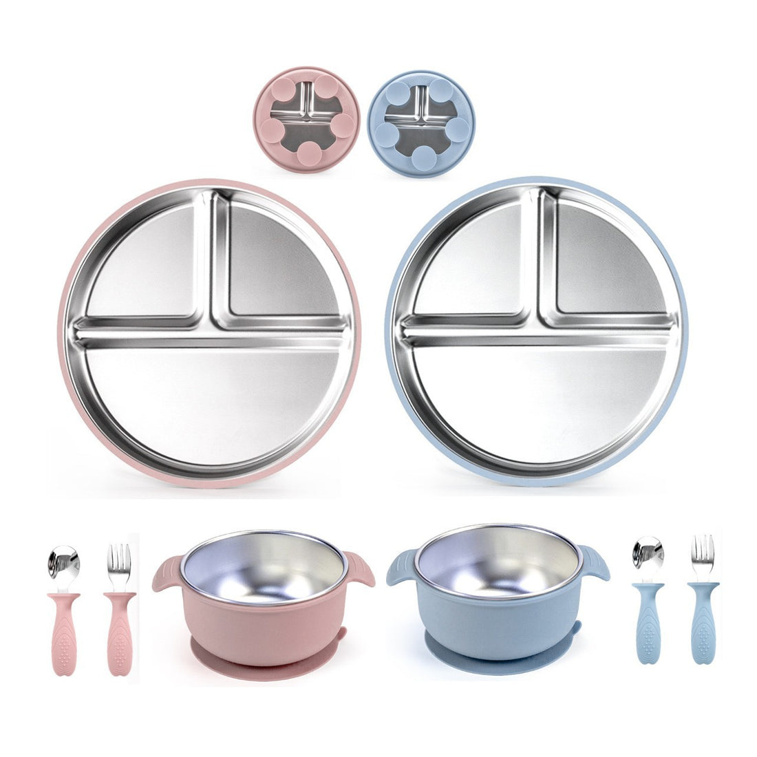 Stainless steel suction plate set with bowl and utensils