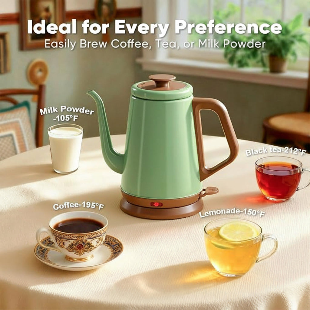 Green electric tea kettle with stainless steel water chamber