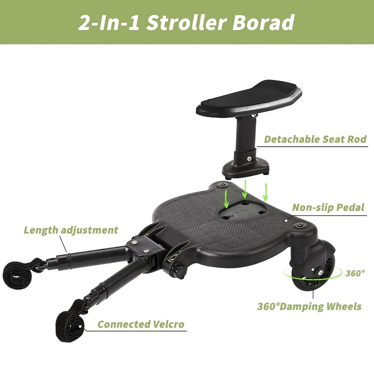 Standing buggy board featuring textured platform and detachable child seat