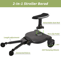 Standing buggy board featuring textured platform and detachable child seat
