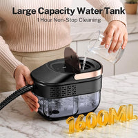 Handheld steam cleaner displayed with 10 cleaning accessories