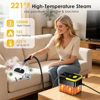 Portable steam cleaner displayed with 18 cleaning accessories