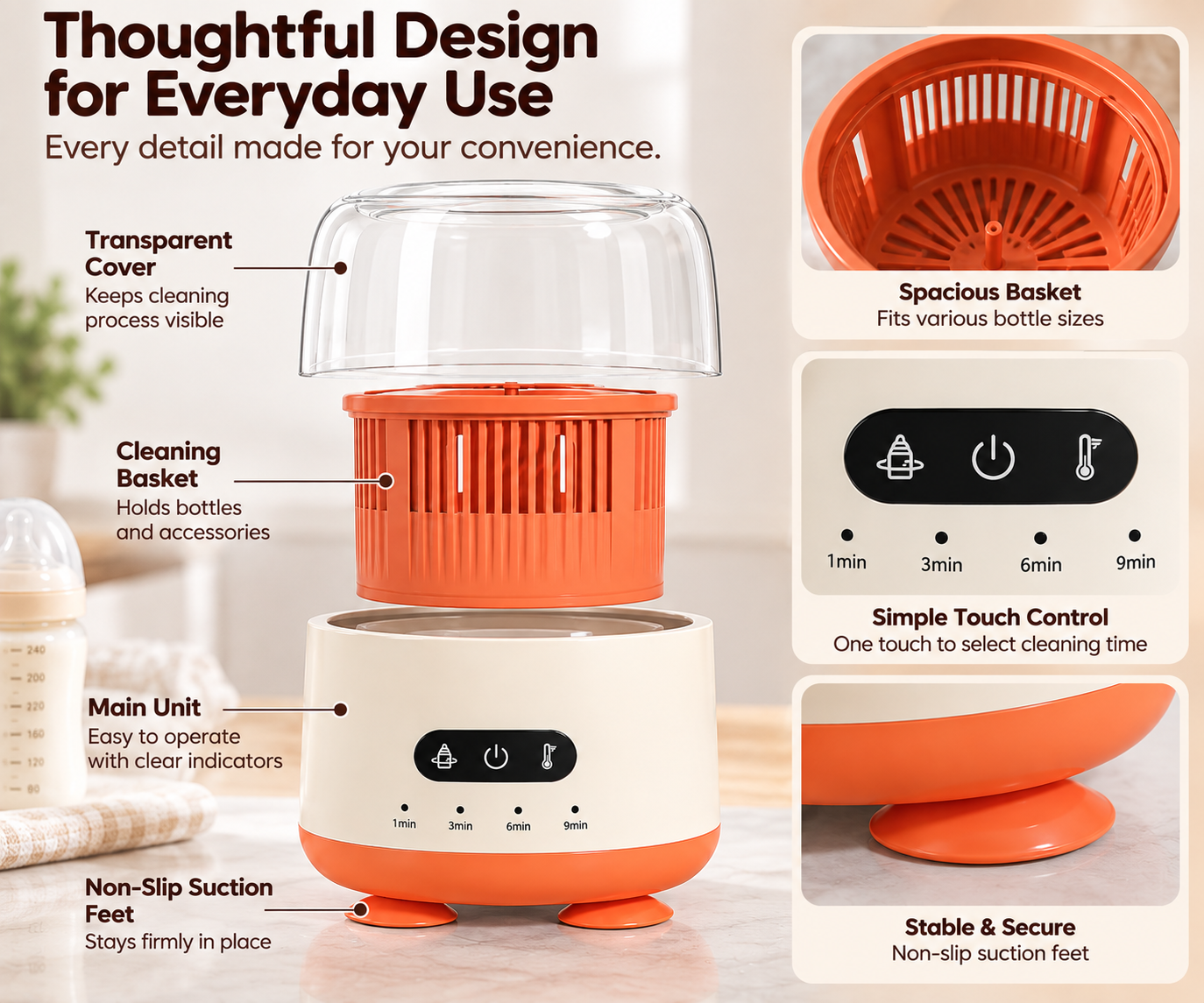 Steam feeding bottle sterilizer with electronic timer and temperature controls