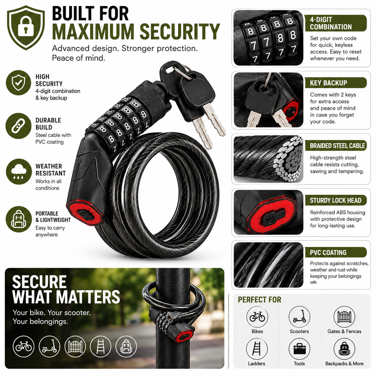 Thick steel cable combination lock for bicycles