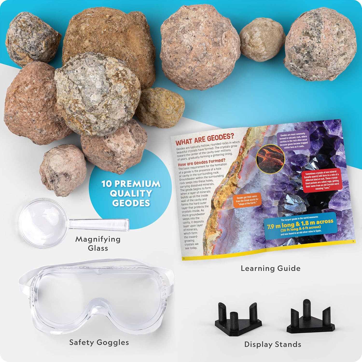 STEM geology kit with safety goggles and display stands
