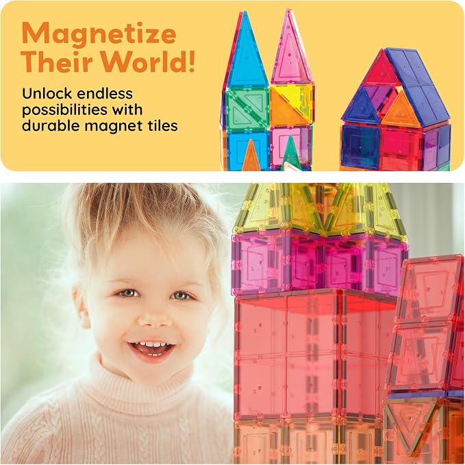 Magnetic tiles arranged for a STEM-inspired activity exploring shapes and construction.
