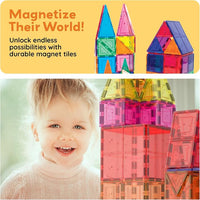 Magnetic tiles arranged for a STEM-inspired activity exploring shapes and construction.