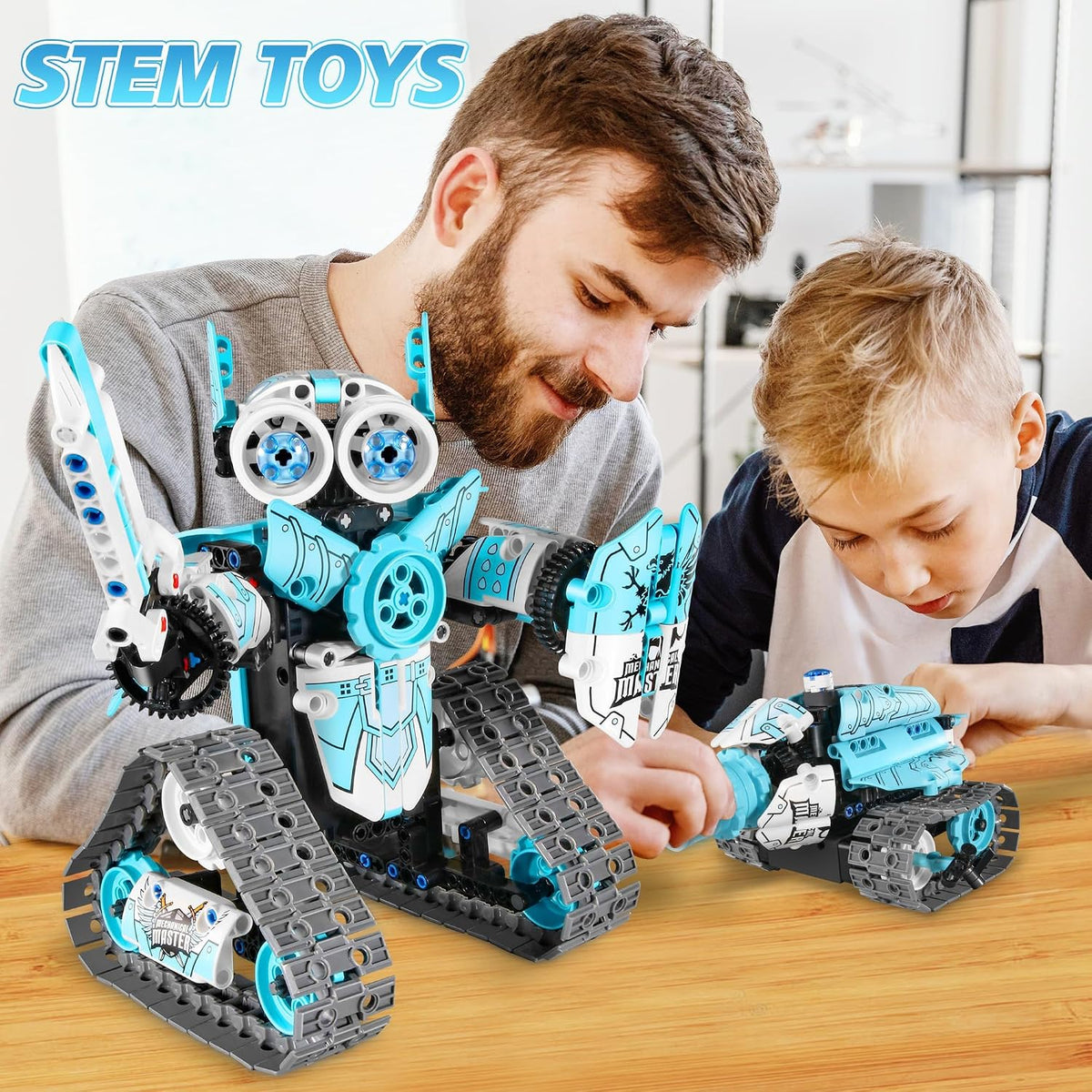 STEM robot building kit featuring an assembled educational construction model.