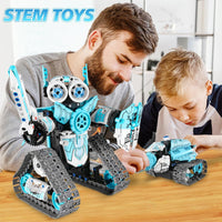 STEM robot building kit featuring an assembled educational construction model.