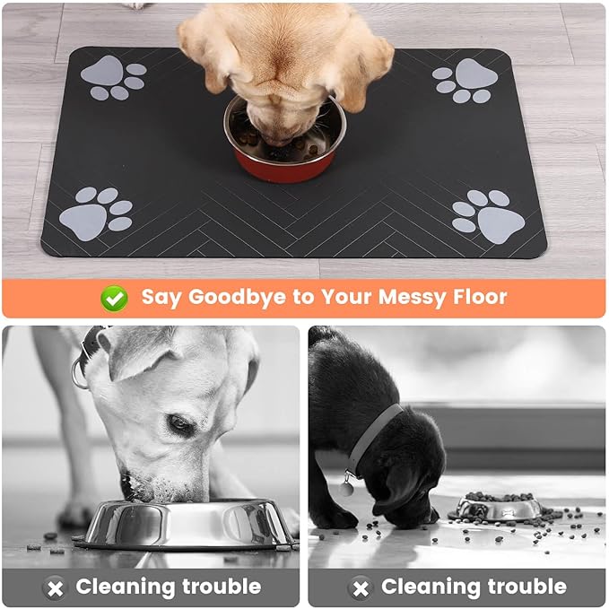 Striped dark gray mat for indoor pet bowls