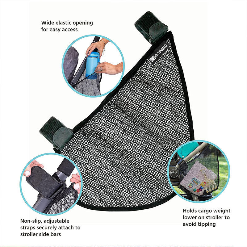 Pair of side sling nets installed on both sides of a stroller for maximum storage
