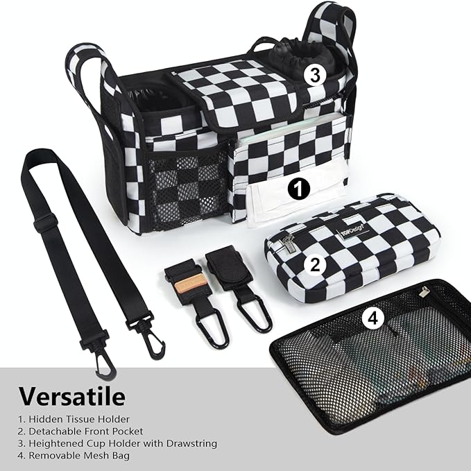 Close up of the deep insulated bottle holders inside a stroller organizer