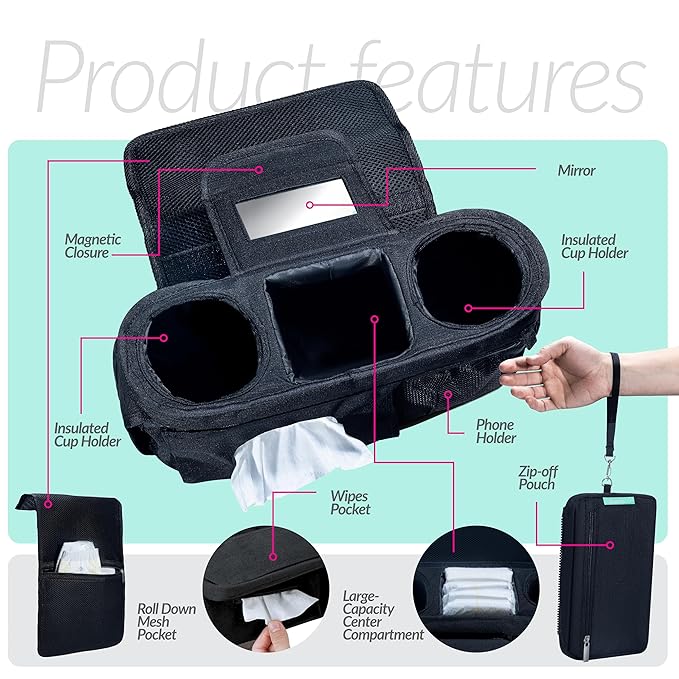 stroller organizer showing magnetic closure insulated cup holders wipes pocket and phone holder