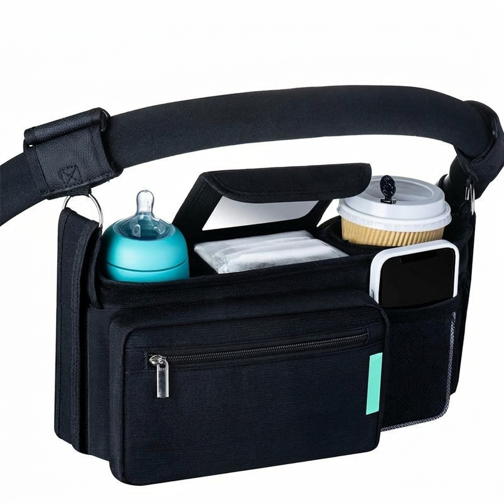 universal stroller caddy organizer with cup holders zip pocket and baby essentials storage