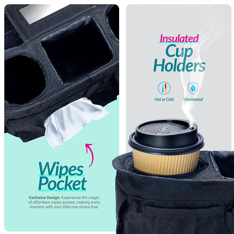 stroller organizer with easy access wipes pocket and insulated cup holder for hot and cold drinks