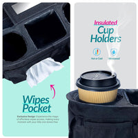 stroller organizer with easy access wipes pocket and insulated cup holder for hot and cold drinks