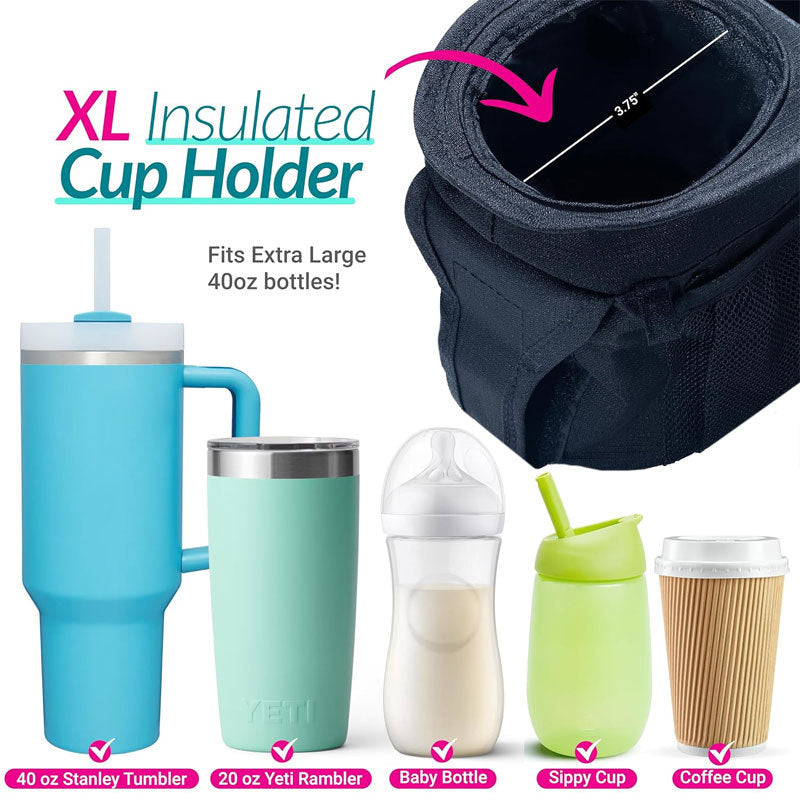 stroller caddy with extra large insulated cup holder fits bottles sippy cups and coffee cups