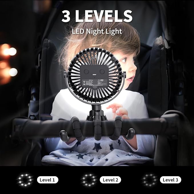 stroller fan with flexible tripod legs wrapped around stroller handle
