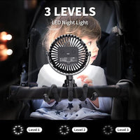 stroller fan with flexible tripod legs wrapped around stroller handle