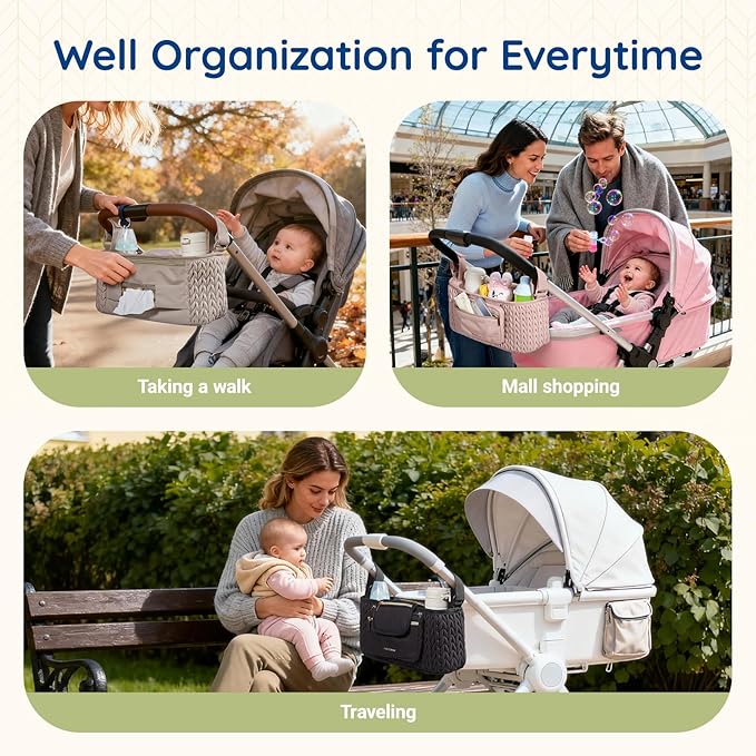 stroller organizer used during walking shopping and travel for organized baby essentials storage