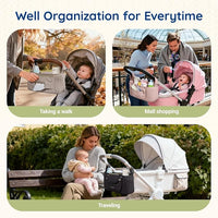stroller organizer used during walking shopping and travel for organized baby essentials storage