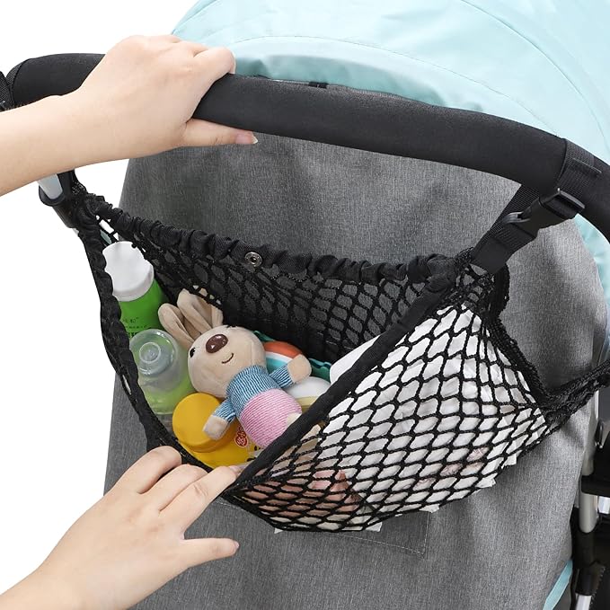 Universal Fit Stroller Organizer, Polyester Net Mesh Bag for Diapers, Bottles, Snacks