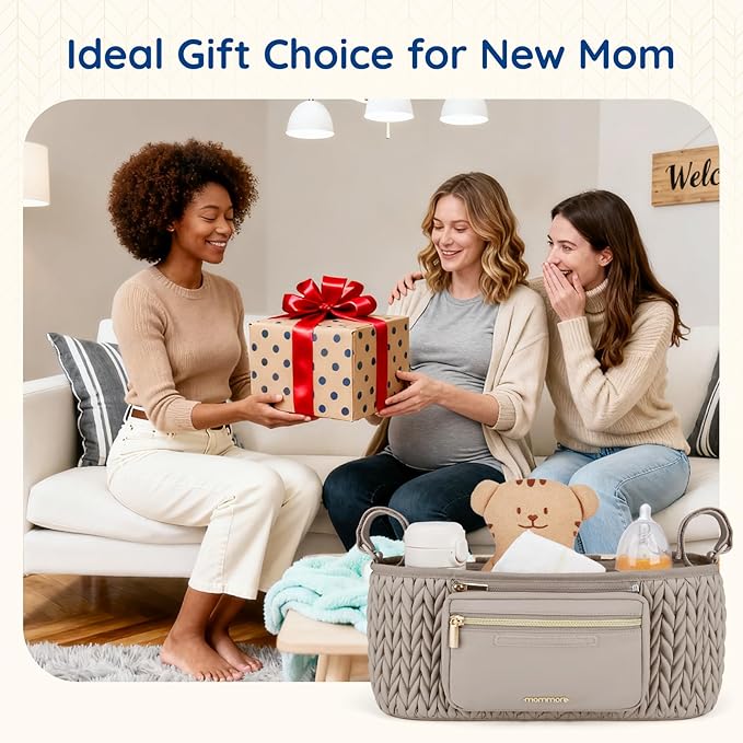 stroller organizer shown as a practical gift for new moms with storage compartments and cup holders
