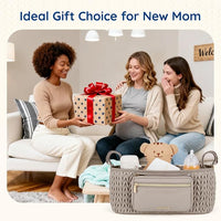 stroller organizer shown as a practical gift for new moms with storage compartments and cup holders