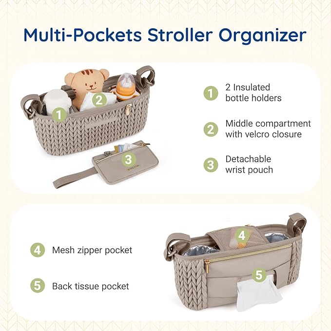 multi pocket stroller organizer with insulated bottle holders detachable pouch and mesh zipper pocket