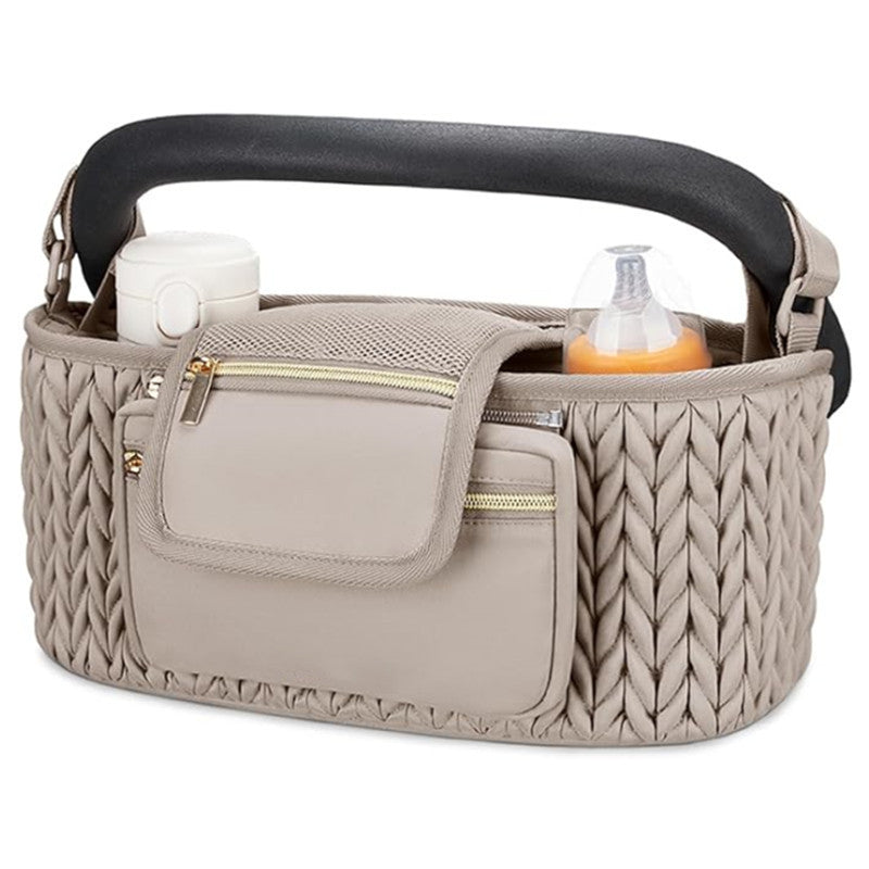 quilted stroller organizer with insulated cup holders and front zip pocket attached to stroller