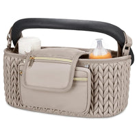 quilted stroller organizer with insulated cup holders and front zip pocket attached to stroller