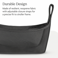 stroller organizer showing large storage space for baby essentials