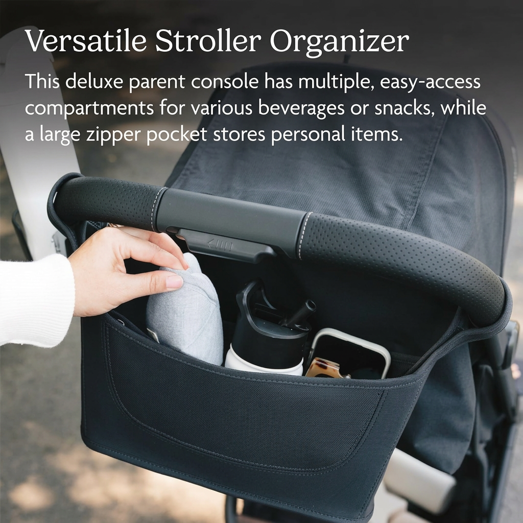 stroller organizer with secure zippered pocket for phone and valuables