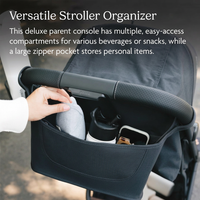 stroller organizer with secure zippered pocket for phone and valuables