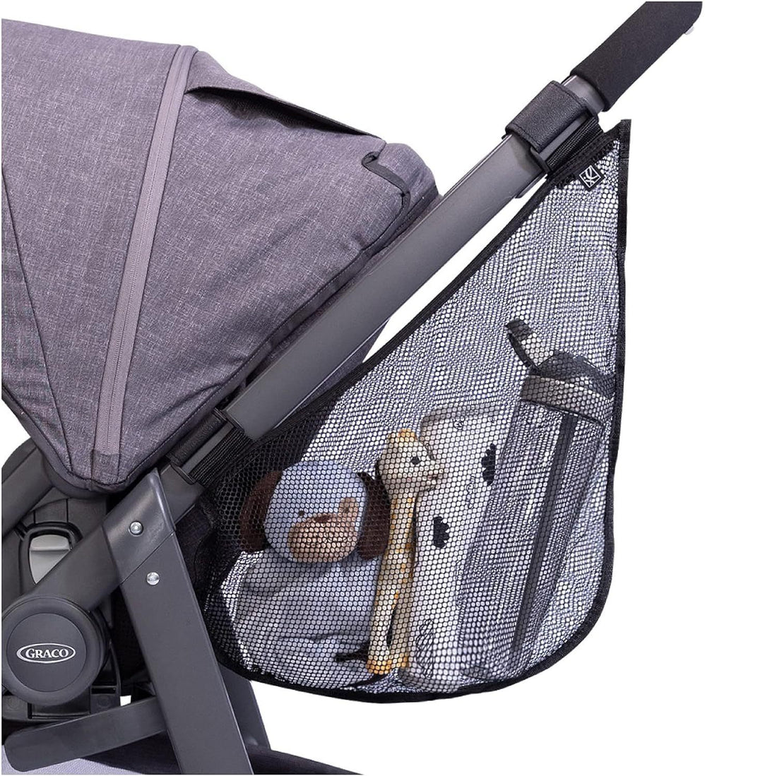 Side sling organizer filled with a water bottle and a baby blanket