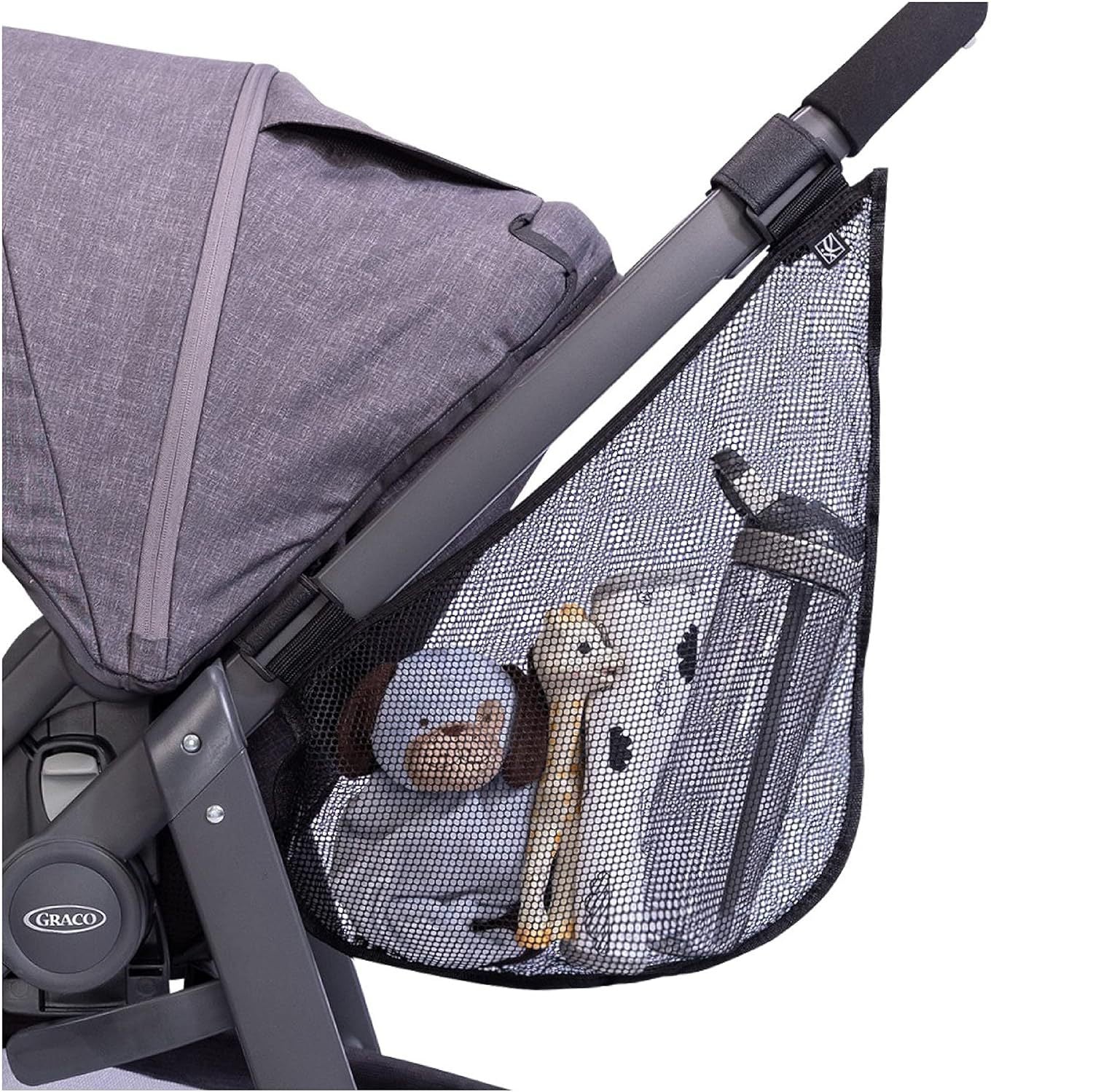 Side sling organizer filled with a water bottle and a baby blanket