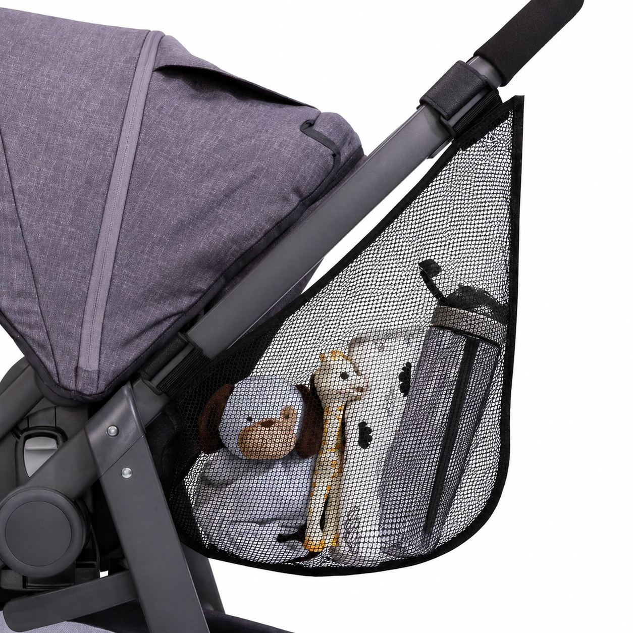 Side sling organizer filled with a water bottle and a baby blanket