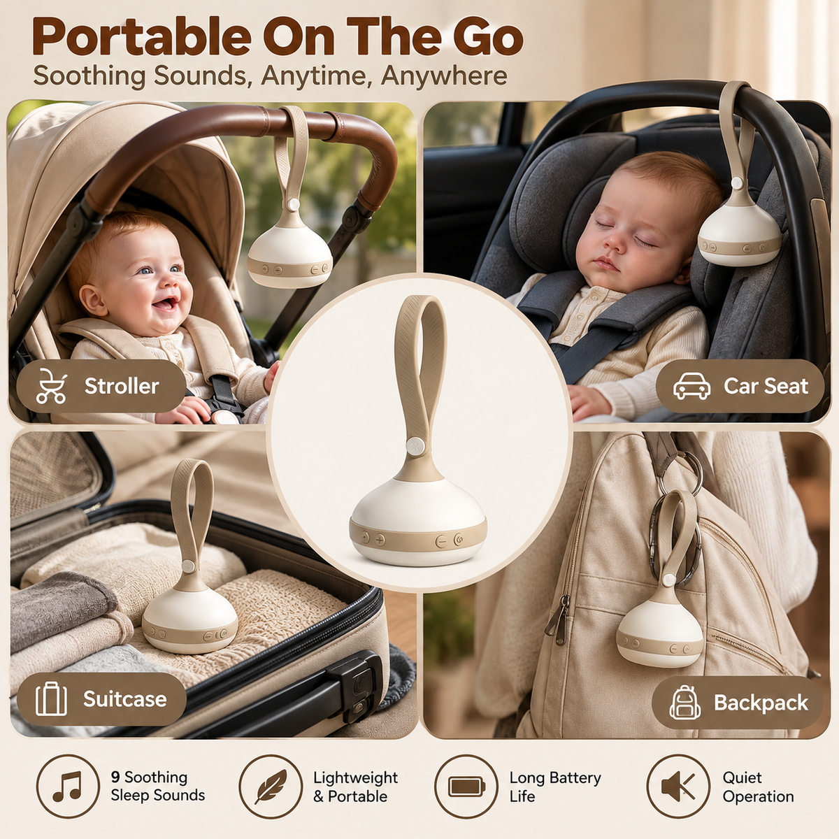 Baby sleep sound device conveniently positioned with stroller gear for everyday outings