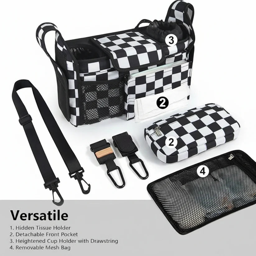 Practical stroller travel accessories including organizer, bottle warmer and baby activity toy