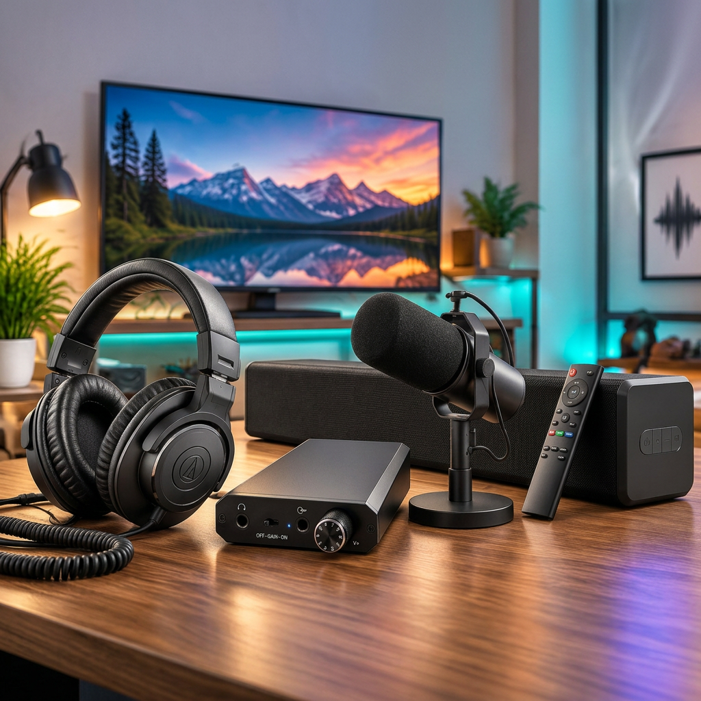 Studio audio bundle with headphones microphone amplifier and speaker
