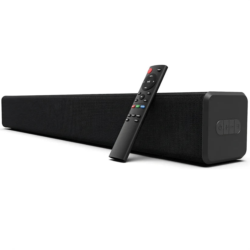 Studio audio bundle setup with headphones, microphone, amplifier and wireless soundbar for home entertainment and recording use.