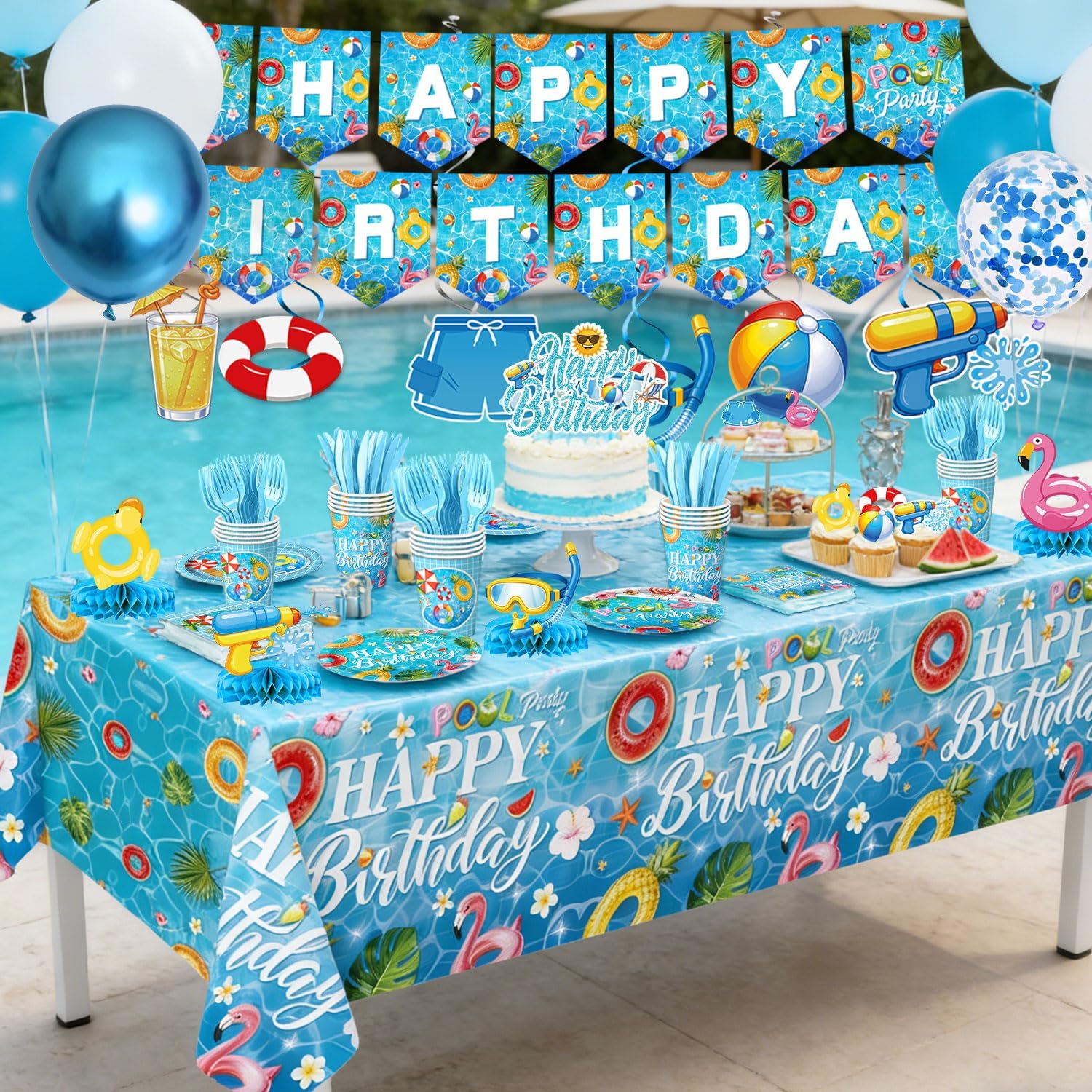  Summer pool party table decoration with tablecloth and party supplies
