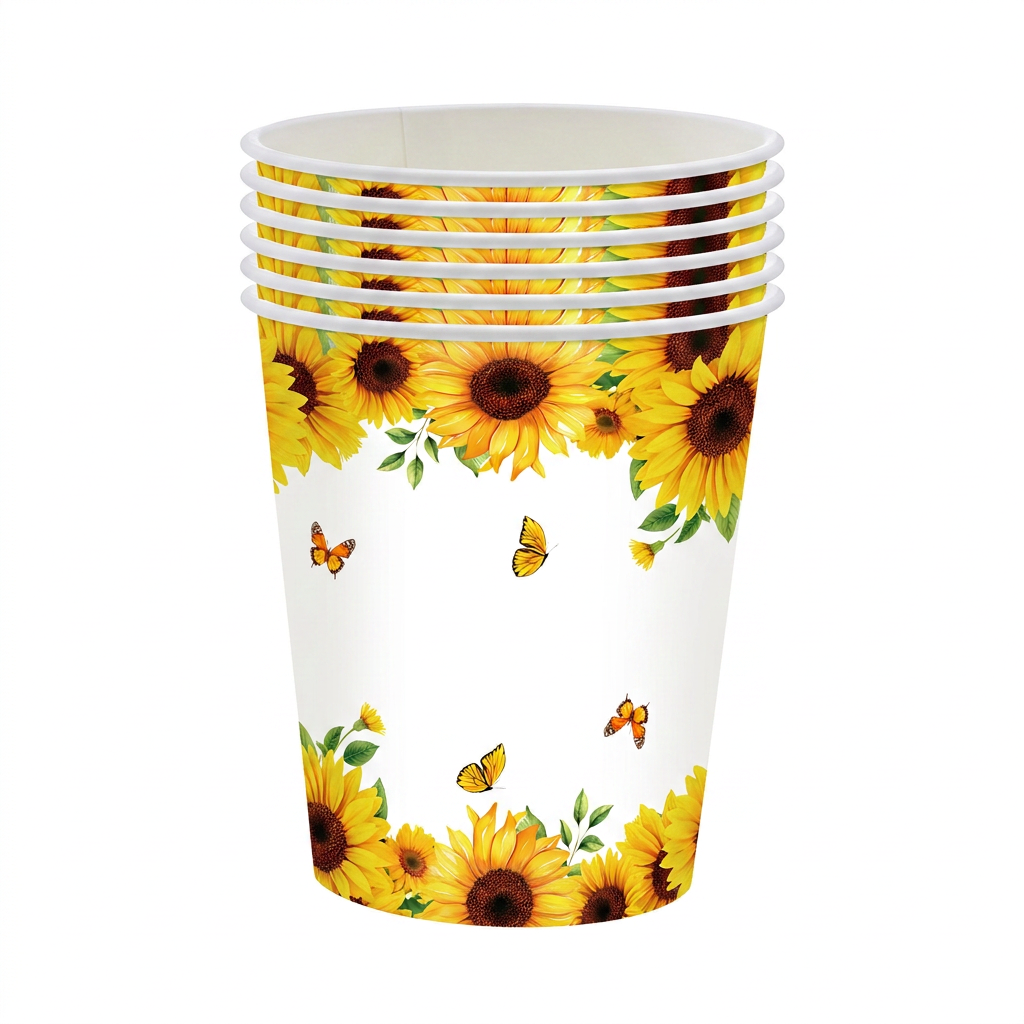 Sunflower design paper plates and cups for birthday party setup