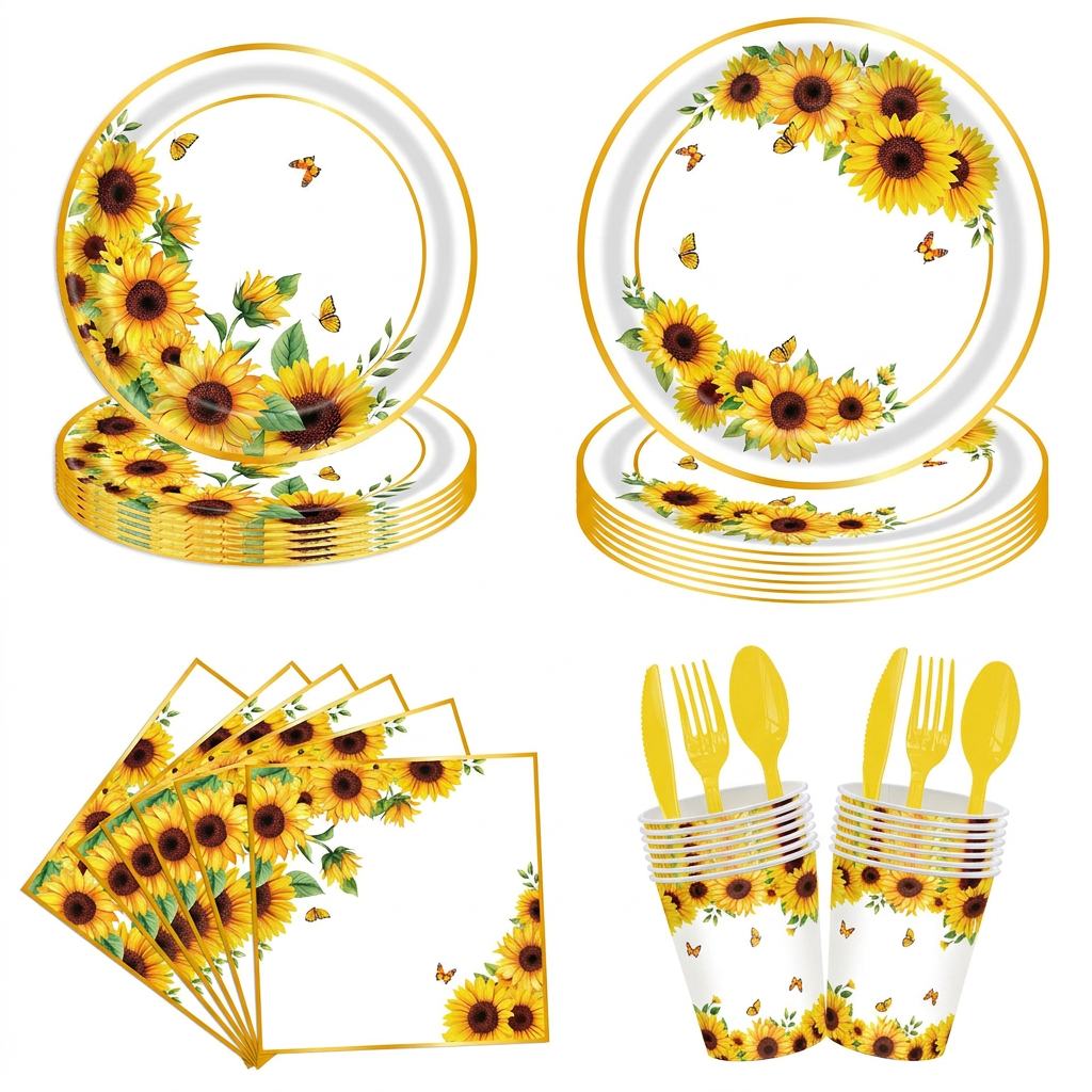 Sunflower theme disposable tableware set with plates cups and napkins
