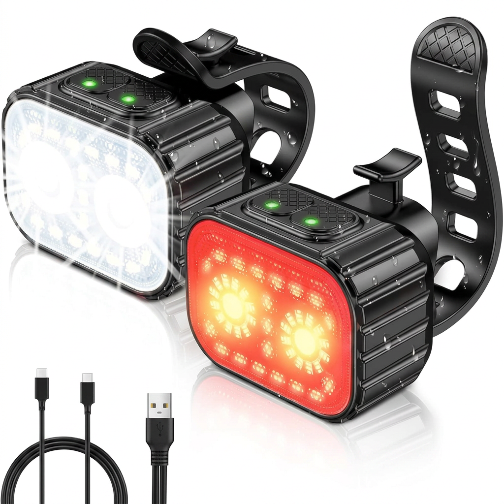 Super bright bike lights set with front and rear LED lights for night riding