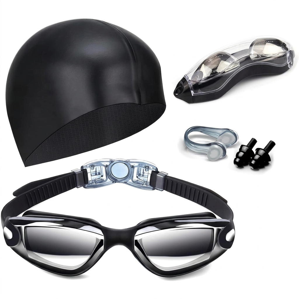 Swim goggles set with nose clip, earplugs, and swim cap for men, women, and kids