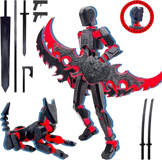 T13 3D Action Figure Set – Dummy Robot Titan 13, Fully Assembled 3D Printed Toy (Black/Red)